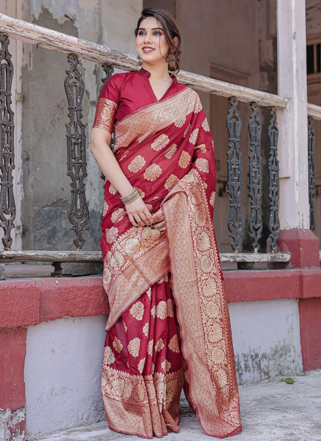 Chanderi Silk Red Festival Wear Weaving Saree